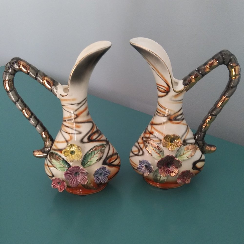 Vintage ~  Two Porcelain Pitcher Shaped Bud Vases w/Applied Dimensional Flowers